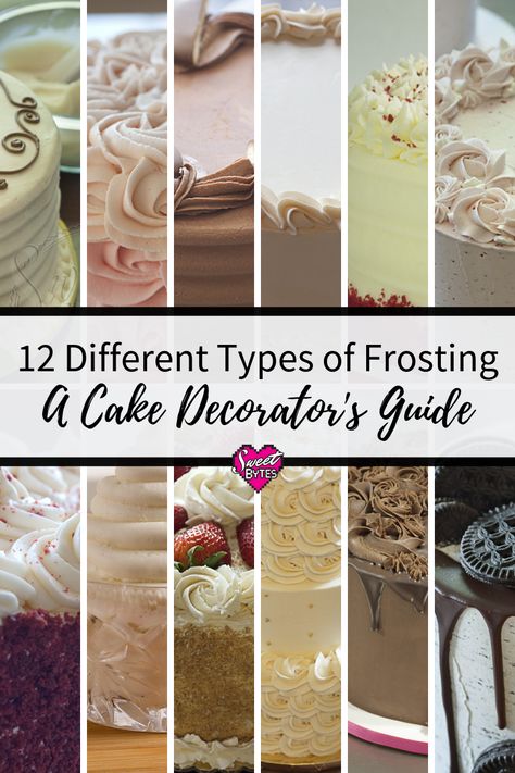 If you like to decorate cakes, this is a great guide for 12 different types of frosting with links to recipes included! You'll never have to wonder what's the difference between American buttercream , a meringue buttercream, or ganache again! #buttercream #frosting #recipe #cakedecorating #ganache Cake And Icing Flavor Combinations, Bakery Style Buttercream Frosting Recipe, Types Of Cake Icing, Frost Cupcakes, Types Of Frosting, American Buttercream, Cake Frosting Recipe, Icing Frosting, Frosting Tips