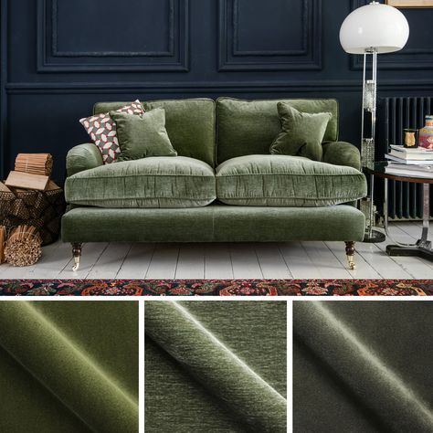 Moss Velvet Sofa, Green Velvet Window Seat, Green Loaf Sofa, Deep Green Velvet Sofa, Green Velvet Sofa Uk, Vintage Green Sofa Living Room, Velvet Sofa Living Room Interior Design, Velvet Couch Green, Green Chenille Sofa