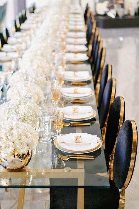 30 Modern Wedding Decor Ideas ❤ modern wedding decor ideas reception glass table with white flowers in gold vases and black velvet chairs lindseyboice #weddingforward #wedding #bride #weddingdecor #modernweddingdecor White Rose Centerpieces, Gold Reception, Rustic Wedding Decorations, Wedding Table Designs, Luxury Wedding Decor, Wedding Decor Ideas, Modern Wedding Decor, Dinner Party Table, Rose Centerpieces