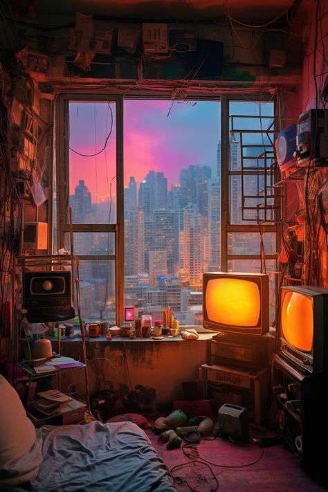 An old Hong Kong apartment with retro furniture has seen better days. This is an AI artwork generated with Midjourney. Hong Kong City Illustration, City Painting Aesthetic, Old Apartment Aesthetic, Hong Kong Wallpaper, Hong Kong Aesthetic, Urban Fantasy Inspiration, Hong Kong House, Cyberpunk House, Cyberpunk Artwork