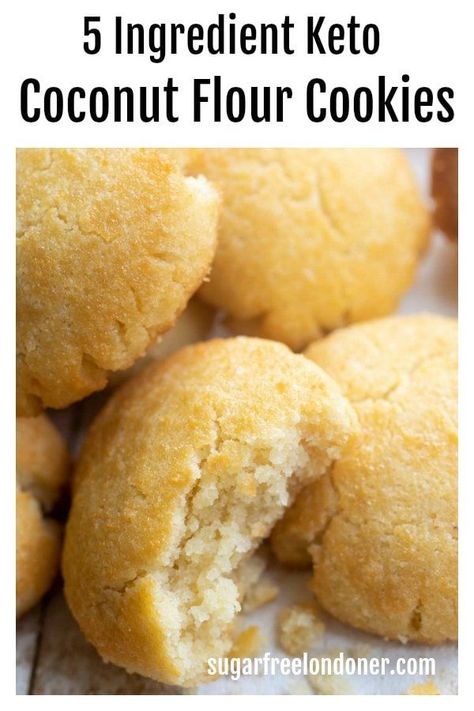 These are the best easy keto coconut flour cookies! With only 5 basic ingredients, this fail-safe low carb coconut cookies recipe is ready in just 20 minutes. We're talking soft, moist sugar free cookie heaven with a gentle crunch. Simple, mouthwatering snack-time goodness! #ketocookies #coconutflourcookies #sugarfreecookies #healthycookies Coconut Flour Butter Cookies, Coconut Flower Recipes Baking, Keto Recipes Using Coconut Flour, Recipes Ground Chicken, Coconut Flour Desserts, Sugar Free Cookie, Recipes Using Coconut Flour, Postres Keto, Coconut Flour Cookies