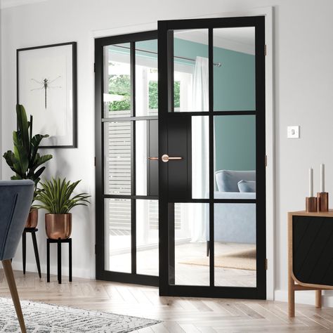 Contemporary industrial style black interior door with safety clear glass panels. Door Size: 1981 cm H x 610 cm W x 35 cm D Black Wooden Doors Interior, Timber Crittal Style Doors, Black Frame Interior Doors, Internal Glass Doors Ideas, Black Metal Interior Doors, Black Glass Internal Doors, Metal Interior Doors, Black Glass Doors Interior, Metal Doors Interior