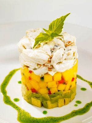 Recipe: Chart House Restaurant Crab, Avocado and Mango Stack - Recipelink.com Recipe Chart, Crab Avocado, Salad Presentation, Chart House, Shrimp Avocado, Gluten Free Menu, Crab Recipes, Food Charts, Sushi Recipes