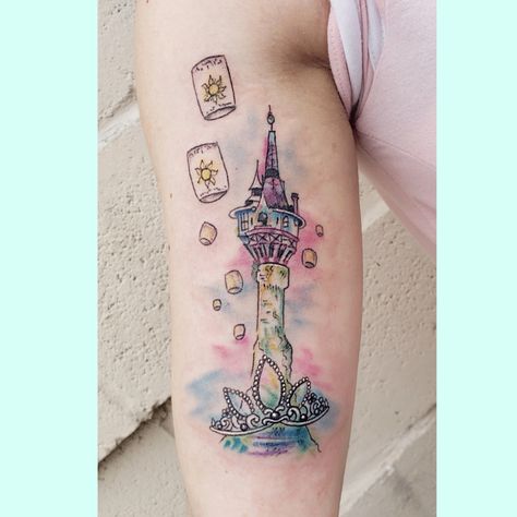 Tangled tower tattoo lanterns crown watercolor detail disney Sleeve Tattoos Disney, Tangle Tattoo, Disney Tangled Tattoo, Quotes Tattoo Ideas, Rapunzel Tattoo, Matching Disney Tattoos, Princess Tattoos, Cute Disney Tattoos, Tower Tattoo