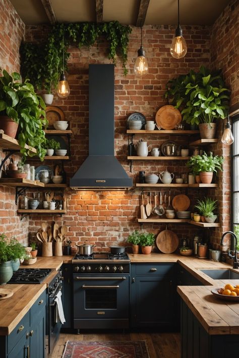 Light Boho Kitchen, Brick House Kitchen Ideas, Wood Wall Kitchen Ideas, Modern Boho Small Kitchen, Boho Aesthetic Kitchen, Small Kitchen Remodel Boho, Gothic Boho Kitchen, Dark Aesthetic Kitchen Ideas, Eccentric Kitchen Ideas