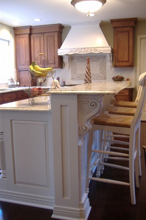 Splendid Houzz Kitchen Islands with Corbels and Vintage Wood Counter Stools in White also 2-tier Iron Wire Fruit Basket on Top of Bianco Romano Granite Countertops from Kitchen Island Plans Corbels Ideas, Countertop Concrete, Replacing Kitchen Countertops, Kitchen Peninsula, Diy Kitchen Countertops, Kitchen Island Plans, Outdoor Kitchen Countertops, Budget Kitchen Remodel, Cabin Kitchen