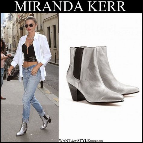 Miranda Kerr in silver ankle boots with round sunglasses #mirandakerr #model #fashion #style #outfit #silver #boots #chic Looks With Silver Boots, Western Ankle Boots Metallic, Silver Chelsea Boots Outfit, What To Wear With Silver Boots, Silver Boot Outfit, Silver Ankle Boots Outfit, Silver Western Boots Outfit, Silver Booties Outfit, Metallic Cowboy Boots Outfit