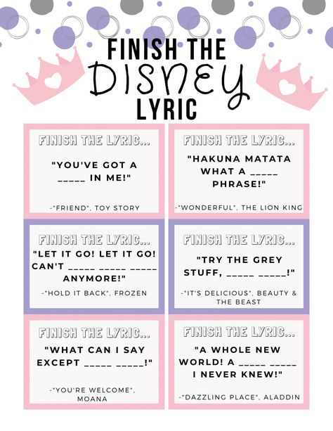 Guess the Lyric! Game - Sandee Booth Disney Theme Games, Finish The Lyrics Game, Disney Themed Games, Disney Party Games, Guess The Lyrics, Princess Items, Disney Camp, Disney Trivia Questions, Disney Lessons