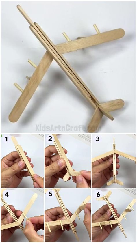 Cool Airplane Popsicle Stick Craft Step-by-step Tutorial For Kids - Kids Art & Craft Popsicle Stick Plane, Crafts For Boys 8-10, Popsicle Stick Airplane, Easy Popsicle Stick Crafts, Crafts With Popsicle Sticks, Easy Wood Crafts, Airplane Craft, Popsicle Stick Craft, Popsicle Stick Art