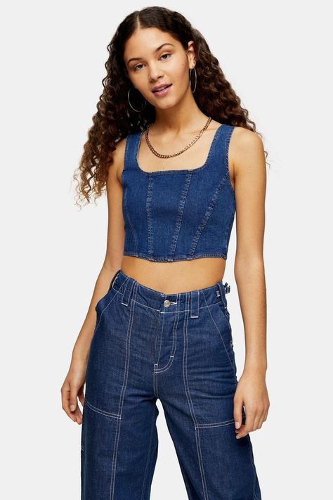 Denim Crop Top Outfit, Jeans And Crop Top Outfit, Denim Top Outfit, Corset Jeans, Crop Top Styles, Crop Top Outfit, Denim Corset Top, Crop Top With Jeans, Diy Vetement