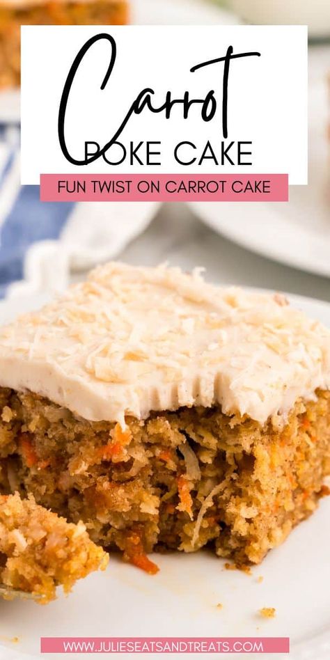 This delicious and moist carrot poke cake is the perfect dessert for any occasion. Made with fresh carrots and topped with a creamy cream cheese frosting, it's sure to be a hit with everyone who tries it! Moist Carrot Cake Recipe, Carrot Cake Recipe From Scratch, Carrot Cake Recipe Homemade, Carrot Cake With Pineapple, Moist Carrot Cake, Carrot Cake Recipe Easy, Cream Cheese Frosting Cake, Carrot Cake With Cream Cheese, Carrot Cakes