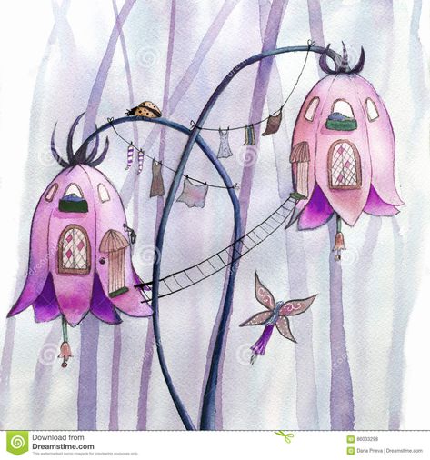 Fairies flowers houses. stock illustration. Illustration of formal - 86033298 Garden Fairies Drawing, Easy Fairy House Drawings, Fairy Drawings Cute, Flower Fairy House Drawing, Fairy Houses Illustration, House With Flowers Drawing, Whimsical Fairy House Drawings, Fairy Cottage Painting, Fairy Home Painting