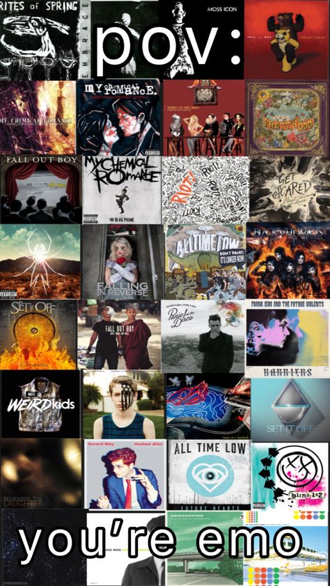 just some emo albums ig, i know not all of these count but the majority of the people who listen to them are emo/scene Emo Bands List, Emo Starter Kit, Emo Rock Aesthetic, Emo Vs Scene, Emo Usernames Ideas, Emo Playlist Cover, Emo Starter Pack, Emo Humor, How To Be Emo