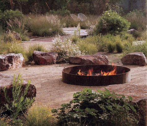 Two Men and a Little Farm: FIRE RING AREA INSPIRATION THURSDAY Arid Garden, Diy Fire Pit Ideas, Fire Pit Materials, Rustic Fire Pits, Native Gardens, Australian Native Garden, Metal Fire Pit, Fire Pit Furniture, Garden Fire Pit