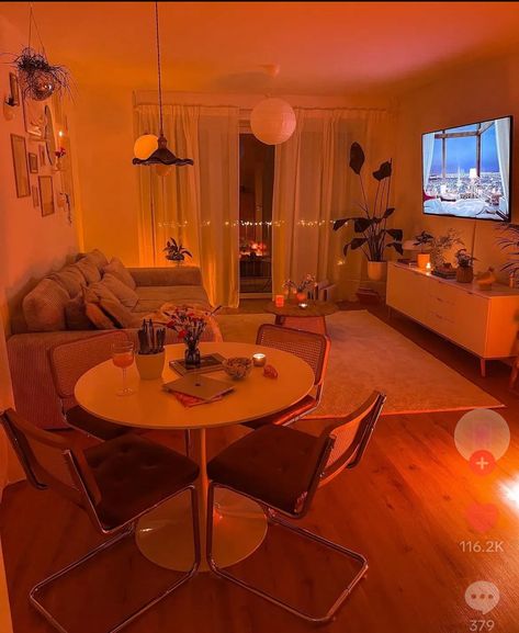 Sunset Lamp Apartment, Dorm Studio Apartment, Cozy Fairy Lights Aesthetic, Mini Home Aesthetic, Spiritual House Decor, Flat Ideas Decor, First Apartment Together Couples, Lighting Ideas For Apartments, Apartment Set Up Ideas