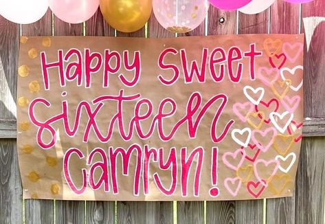 Sweet 16 Banner Ideas, Painted Birthday Banner, Brown Paper Banner, Sweet 16 Banner, 23rd Birthday Decorations, Birthday Banner Ideas, Prom Poster, Sweet 16 Sign, Happy Birthday Sweet 16