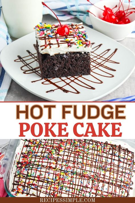 Hot Fudge Poke Cake Recipe, Chocolate Fudge Poke Cake, Chocolate Poke Cake With Pudding, Hot Fudge Poke Cake, Fudge Poke Cake, Best Poke Cake Recipes, Flower Bakery, Poke Cake Recipes Chocolate, Vegetarian Chocolate Cake