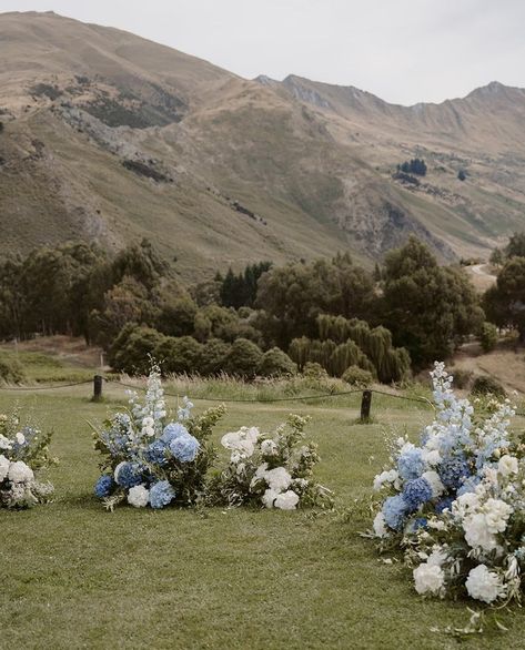 Blue white hydrangea wedding flowers Blue And White Aisle Flowers, Blue Hydrangea Flower Arrangements, Blue Delphinium Wedding, Blue Delphinium Bouquet, Delphinium Bouquet, Blue And White Hydrangea, Blue Hydrangea Bouquet, Delphinium Flower, Alter Flowers