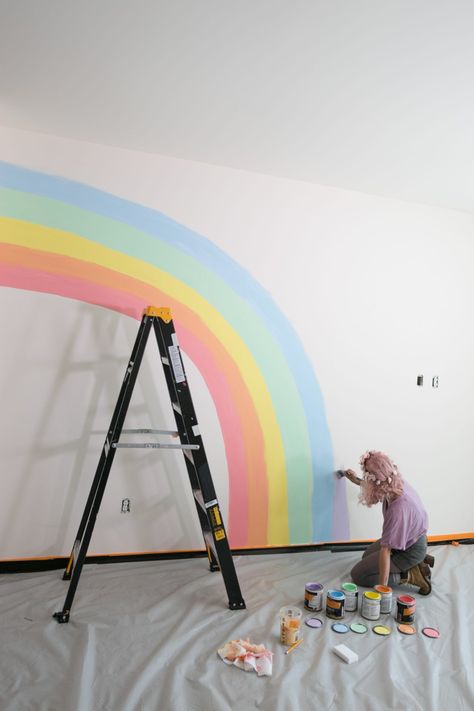 DIY Rainbow Mural Wall – Mr. Kate Diy Rainbow Mural, Diy Rainbow Wall, Rainbow Girls Room, Pastel Rainbow Wall, Rainbow Wall Mural, Rainbow Room Kids, Rainbow Mural, Girls Room Paint, Girls Room Diy