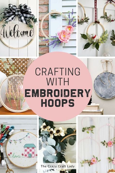 It’s time to get creative and make one of these unique embroidery hoop crafts – make wall hangers, wreaths, and so much more! Quilting Hoop Crafts, Diy Using Embroidery Hoop, How To Decorate Embroidery Hoop, Crafts With Embroidery Hoops Ideas, Embroidery Hoop Decor Ideas, Fabric Embroidery Hoop Wall Decor, Loop Embroidery Wall Art, Wooden Hoops Craft, Decorating Embroidery Hoop