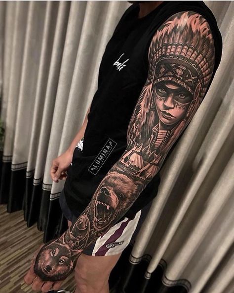 Native Indian Tattoos, Headdress Tattoo, Native American Tattoo, American Indian Tattoos, Full Leg Tattoos, Wolf Tattoo Sleeve, Native American Tattoos, Native Tattoos, Tattoos Sleeve