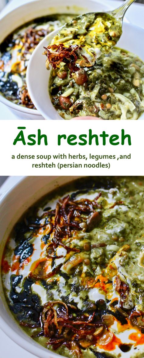 Āsh is a dense soup with herbs and legumes. Āsh Reshteh is a soup that has Iranian noodles called reshteh and it's the most popular āsh in Iran Aush Soup Recipe, Ashe Reshteh Recipe, Ashe Reshteh, Afghan Soup, Iranian Food Recipes, Ash Reshteh Recipe, Persian Soup, Ash Reshteh, Afghan Recipes