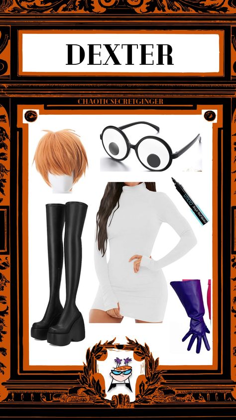 Dexter DIY Costume, red wig, black thigh high boots, white dress, large Google eye glasses, purple gloves, black fabric marker Dexters Laboratory Costume, Dexter's Laboratory Costume, Dexter Costume, Red Head Halloween Costumes, All The Pokemon, Dexters Laboratory, Dexter's Laboratory, Dexter Laboratory, Halloween Coustumes