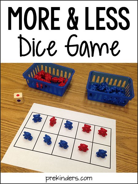 This is a simple, easy-prep game you can use to teach more and less to your prekinders. I used bear counters, but the possibilities are endless. You could use Unifix cubes, flat floral marbles, foam craft shapes, or any other manipulatives to match your theme. Prepare the activity: I chose two colors of the bear counters and put them in two baskets (I used red and blue). I used a More And Less Activities, Early Years Maths, Math Enrichment, Kindergarten Math Games, Math Madness, Prek Math, Math Intervention, Elementary Activities, Kindergarten Math Activities