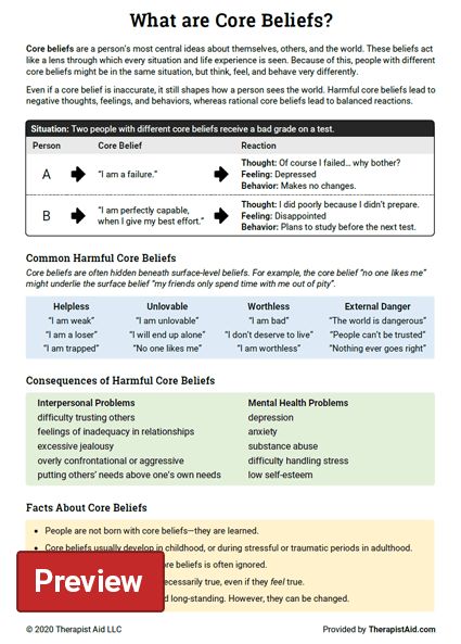 Core Beliefs Info Sheet (Worksheet) | Therapist Aid Marriage Therapy, Marital Counseling, Cognitive Therapy, Cognitive Behavior, Marriage Help, Counseling Activities, Core Beliefs, Counseling Resources, Therapy Worksheets