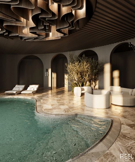 Pool Basement Design on Behance Indoor Pool Furniture, Pool Interior Design Luxury, Indoor Pool Designs, Hotel Swimming Pool Design, Luxury Swimming Pools Indoor, Interior Pool Design, Spa Pool Design, Luxury Spa Room, Spa Pool Area