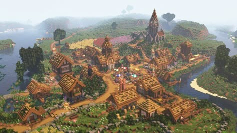 Minecraft Hill Base Ideas, Village Layout Minecraft, Medieval Kingdom Art, Minecraft Plains Village Revamp, Cave Village Minecraft, Minecraft River Village, Minecraft Plains Village Transformation, Minecraft Village Transformation, Minecraft Village Layout