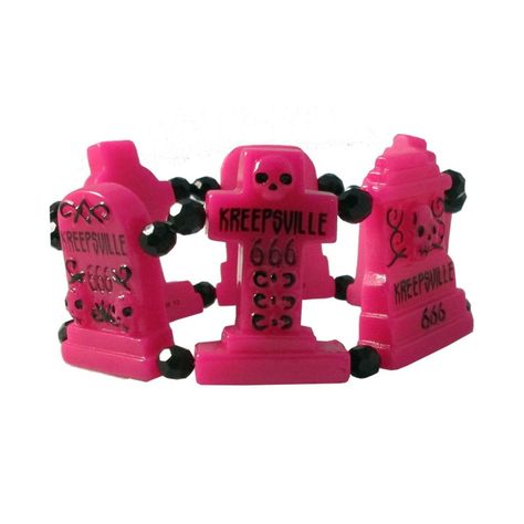 PRICES MAY VARY. Pink plastic gravestone shaped bracelet with black beading. Diameter 8cm. Graveyard Groupie Bracelet design ghoulishly crafted by Kreepsville 666. Creepy Clothes, Scene Accessories, Kreepsville 666, Dark Style, Ear Muffs, Pink Skull, Scene Fashion, Scene Kids, Scene Emo