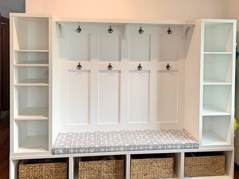 Build a snazzy mudroom with IKEA BESTÅ cabinets - IKEA Hackers Kids Coat Storage Entryway, Entryway With Cabinets, Kallax Boot Room, Ikea Wardrobe Entryway, Ikea Mudroom Storage, Ikea Kallax Bootroom, Garage Mudroom Ikea Hack, Kids Storage Entryway, Hall Tree Ikea Hack