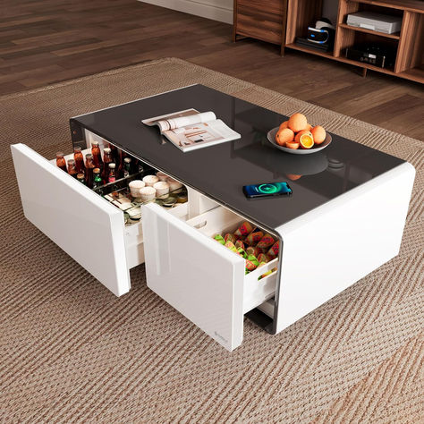 EUREKA ERGONOMIC Smart Coffee Table, Smart Refrigerator Table with Cold Storage & Temperature Control Drawer, Wireless Charging, Double USB Interface &110V Power Socket 90L White Coffee Table With Fridge, Ice Beer, Smart Fridge, Smart Table, Smart Refrigerator, Large Refrigerator, Summer Living Room, Smart House, Refrigerator Drawers