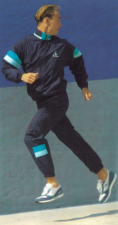 1990 - Enter the timeline >> http://www.lecoqsportif.com/survetement/uk-en #tracksuit #retro #apparel Retro Nike Tracksuit, Sportswear Portfolio, 90s Gym Outfit, 90s Workout Clothes, 80s Sports Fashion, 80s Track Suit, 80s Workout Outfit, 90s Tracksuit, Vintage Sports Clothing