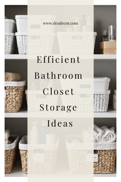 Efficiently organized bathroom closet shelves with wicker and white baskets holding toiletries and towels. Decorating Open Shelves In Bathroom, Open Shelf Bathroom Storage Ideas, Open Bathroom Shelving Storage Ideas, Organizing Bathroom Closet Storage, Bathroom Closet Without Doors, Linen Closet Towel Organization, Beauty Closet Organization, Large Bathroom Closet Ideas, Bathroom Shelves Organization Ideas