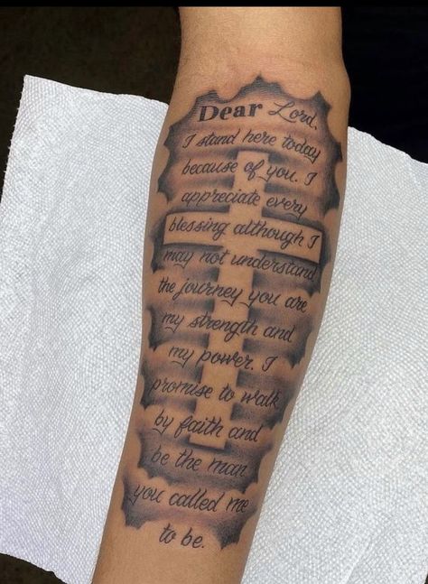 Inner Arm Tattoo For Men Bible Verse, Tattoo Tribute To Grandfather, Lord Forgive Me For My Sins Tattoo, Meaningful Tattoos For Guys Sleeve, Qoutes Tattoos Ideas Men, God Related Tattoos Men, Arm Tattoo Men Quotes, Love God Tattoo, Mark 9:23 Tattoo Men