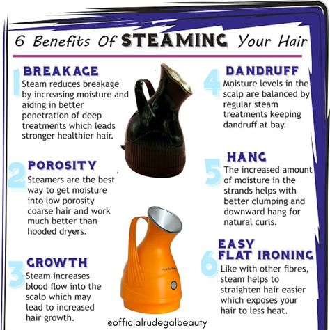 Rude Gal Beauty LLC. on Instagram: “6 Benefits of hair steaming✨hot mist steamer is definitely a beauty must have😻 Add to 🛒 Hot Mist Steamer 🧖‍♀️ www.rudegalbeauty.com” Hair Steaming At Home, Hair Steamer Benefits, Diy Hair Steamer, Black Hair Tips, Steam Hair, Hair Steamer, Diy Hair Growth, Hair Growth Journey, Home Hair Salons