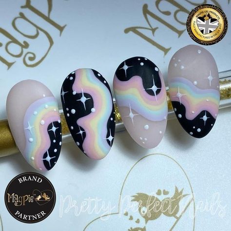 Pastel Groovy Nails, Cat Gel Nails, Sky Nails Design, Nails With Acrylic Paint, Cute Pastel Nails, Pastel Rainbow Nails, Cool Nail Art Designs, Celestial Nails, Unicorn Nails Designs