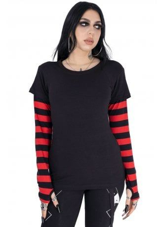 Poizen Industries Menace Top | Attitude Clothing Black Cotton Leggings, Attitude Clothing, Gothic Emo, Black Knit Top, Stripe Long Sleeve, Striped Hoodie, Cotton Leggings, Swaggy Outfits, Striped Sleeve