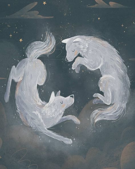 Raahat Kaduji ↟ on Instagram: “The wolves, they circle above our rooftops as we sleep. Dancing amongst the stars until the setting of the moon🐺🌙✨ . I finally made time…” White Wolves Art, Raahat Kaduji, Wolves Art, White Wolves, Wolf Art Print, Sky Digital, Wolf Illustration, Spirit Animal Art, Wolf Spirit Animal