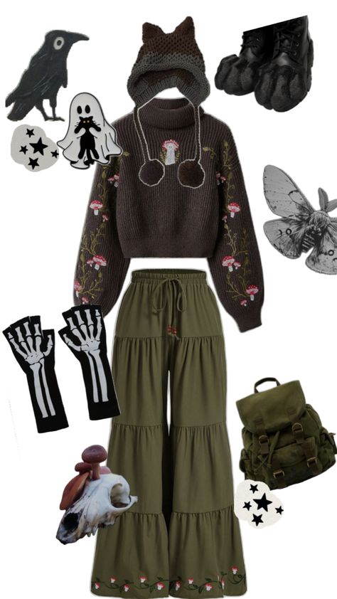 #collage #grunge #goblin #forest #goblincore #outfit Forest Aesthetic Outfit, Goblin Forest, Goblin Core Outfit, Goblincore Aesthetic Outfits, Goblincore Outfits, Goblincore Fashion, Fairy Core Outfits, Casual Boho Outfits, Cottagecore Outfits