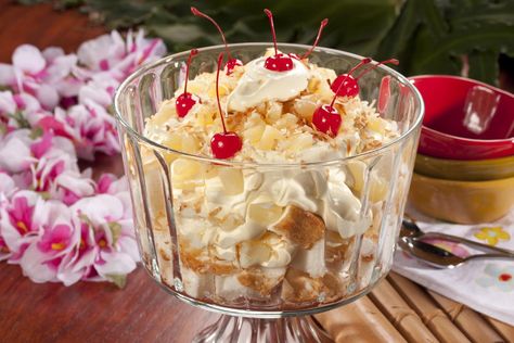 Pina Colada Trifle | MrFood.com Desserts Pineapple, Filipino Fruit Salad, Best Potluck Dishes, Homemade Frosting Recipes, Trifle Desserts, Homemade Frosting, Trifle Recipe, Instant Pudding Mix, Fruit Salad Recipes