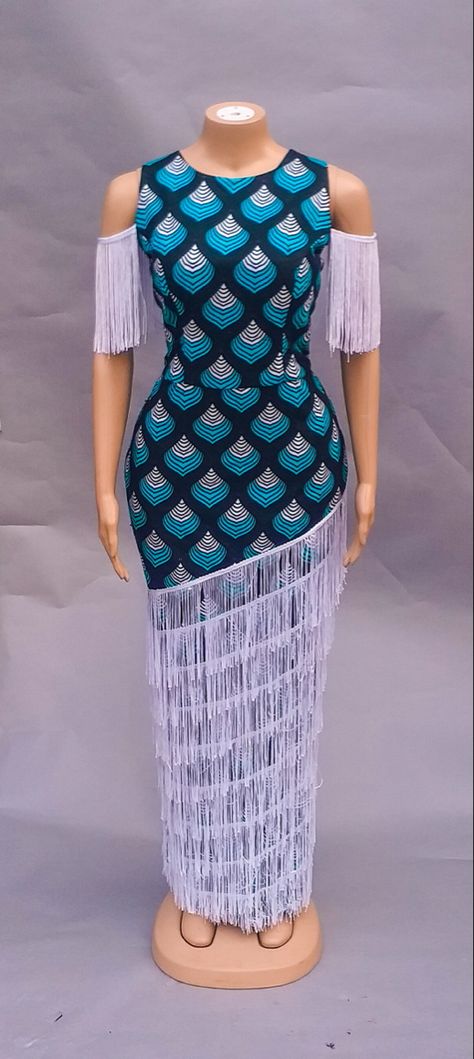 Ankara Long Pencil Gown Styles, African Fringe Dress, Ankara Fringe Dress Styles, Ankara Long Gown With Fringes, Ankara Short Gown Styles With Fringe, Ankara Fringe Dress, Ankara With Fringe Styles, Pencil Gown Ankara Styles, Beaded Ankara Dress