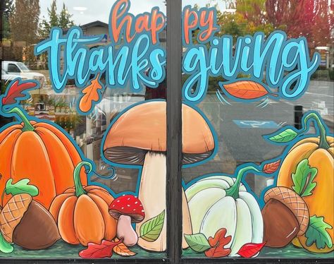 Jackie Knauer (@customartbyjackie) • Instagram photos and videos Window Painting Lettering, Window Painting Thanksgiving, November Window Art, Thanksgiving Window Painting Ideas, Thanksgiving Window Art, Thanksgiving Window Display, Thanksgiving Window Painting, Fall Window Painting Ideas, Halloween Window Painting