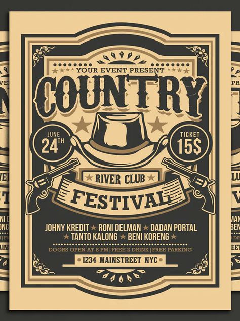 Country Music Festival Template PSD Cowboy Graphic Design, Festival Advertisement, Country Music Poster, Rodeo Aesthetic, Country Music Art, Typography Classic, Country Artwork, Festival Template, Country Poster