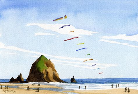 Kites at Cannon Beach, Oregon coast artwork, Haystack Rock watercolor painting by Emily Miller Oregon Pictures, Ocean Art Painting, Oregon Beach, Art Plage, Haystack Rock, Hawaii Wall Art, Ocean Artwork, Oregon Beaches, Forest Grove