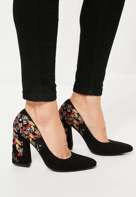 Black Embroidered Pointed Pumps - Missguided. up your shoe-style with these black pumps. with floral embroidery and pointy toe - all eyes will be on you! Strap Sandals Heels, Tie Heels, Pointy Shoes, Nude Strappy Heels, Heeled Pumps, Plastic Heels, Pointed Pumps, Embroidered Shoes, Pumps Heels Stilettos