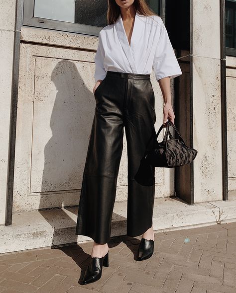 Leather Culottes | MODEDAMOUR Corporate Girlie, Convertible Clothing, Leather Culottes, Black Leather Mules, Minimalist Accessories, Classic Blouses, Leather Pants Women, Working Class, Bell Bottom Pants