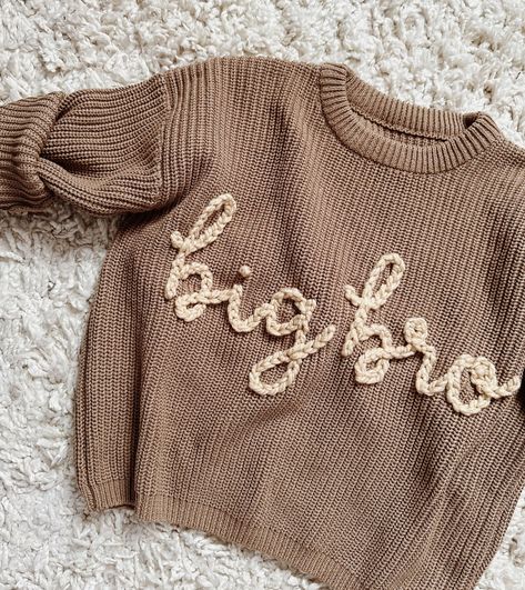 "Ready to ship, 3T Taupe Sweatshirt. Handmade with love from Canada  This sweater is the perfect gift for a baby shower, birthday, holidays, or any milestone for a toddler. This sweater is a taupe colour that is 100% cotton, with a chunky beige yarn embroidered \"big bro\". Processing and Delivery: This sweater will be shipped same day or next day depending on when order was placed. Please select your shipping option - any questions please reach out to me directly.  Care Instructions: In order t Taupe Colour, Crochet Baby Sweater, Sweater Ideas, Embroidered Designs, Kids Jumpers, Expecting Parents, Cute Sweatshirts, Embroidered Sweater, Baby And Toddler